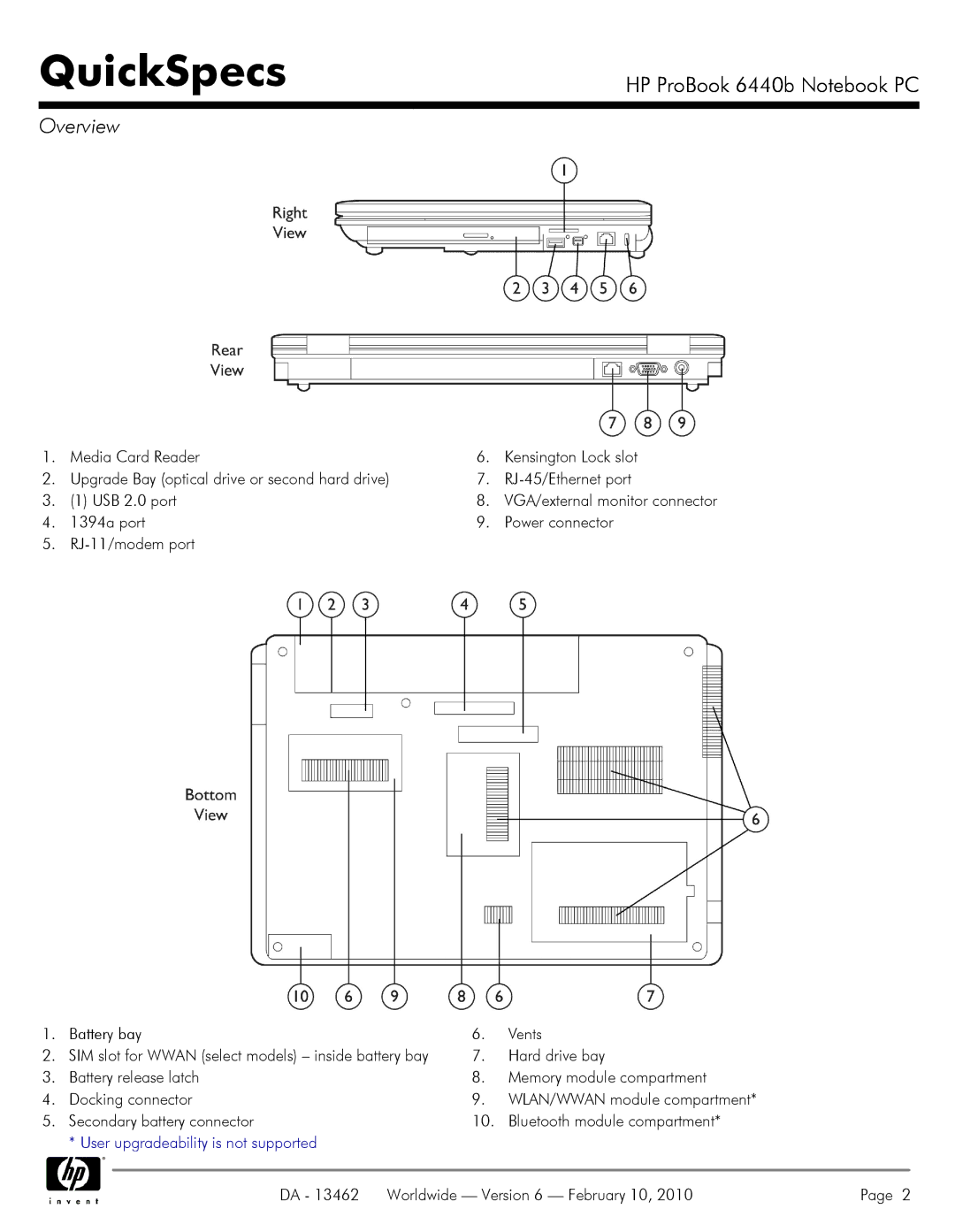 HP 6440B manual Hard drive bay, Secondary battery connector Bluetooth module compartment 