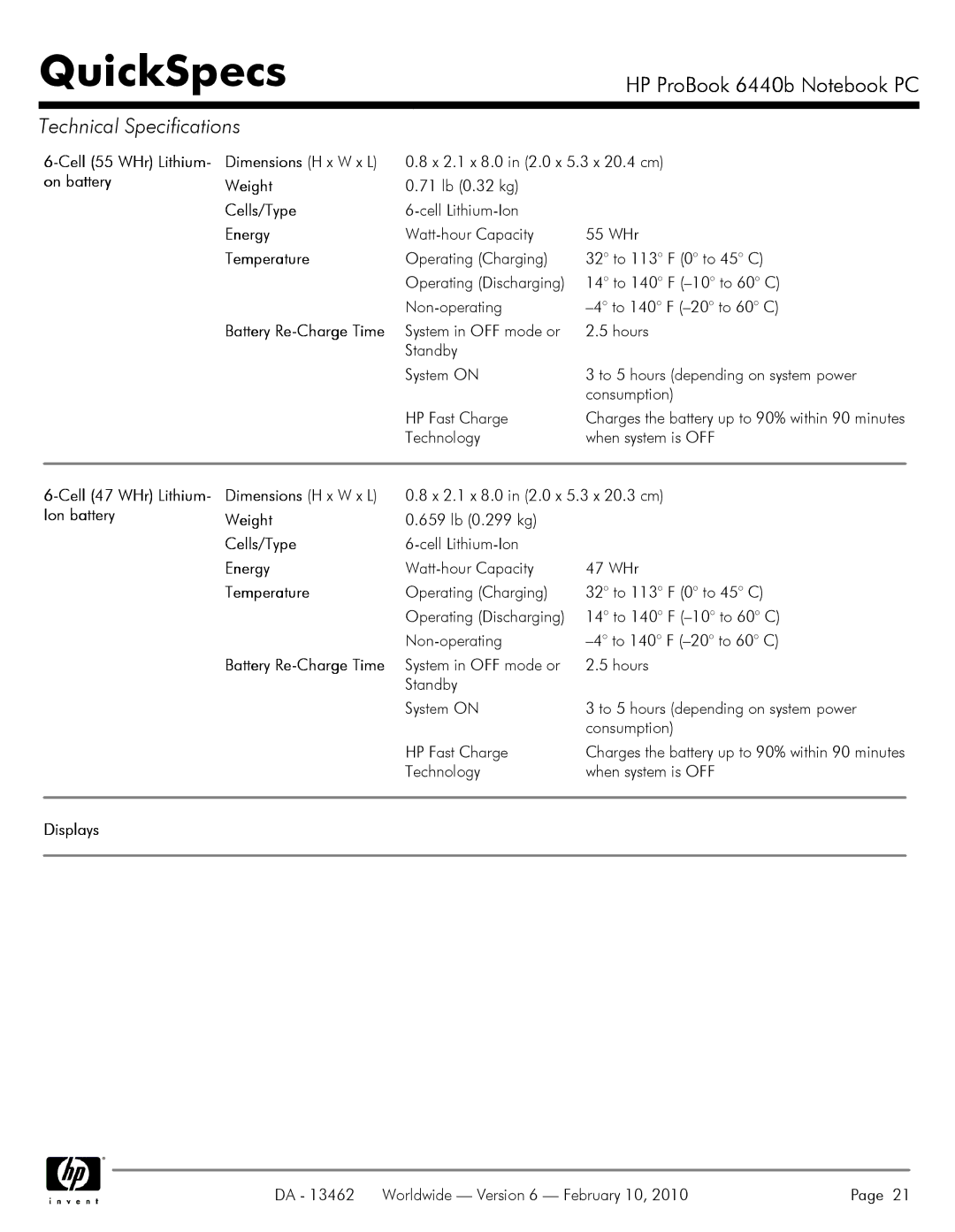 HP 6440B Cell 55 WHr Lithium Dimensions H x W x L, On battery Weight, Cell 47 WHr Lithium Dimensions H x W x L, Displays 