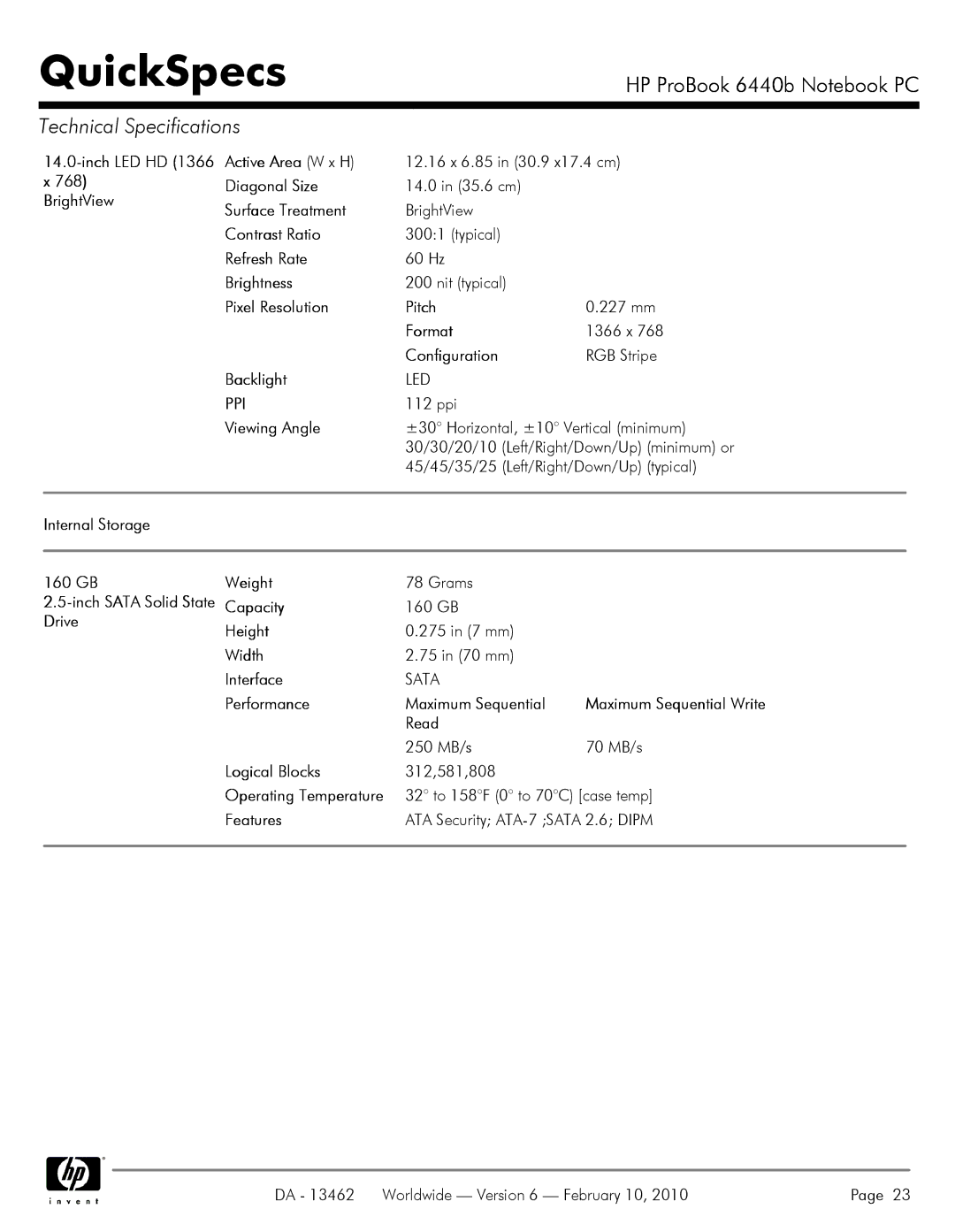 HP 6440B manual Pitch 227 mm Format 1366 x Configuration, Maximum Sequential, Read, 250 MB/s 70 MB/s 312,581,808 