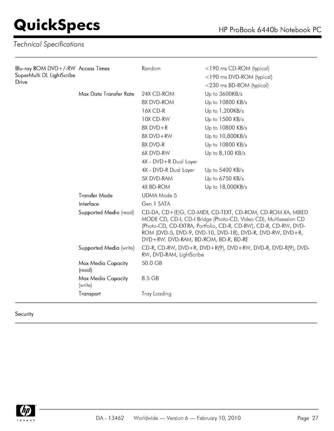 HP 6440B manual Blu-ray ROM DVD+/-RW Access Times, SuperMulti DL LightScribe, Drive 