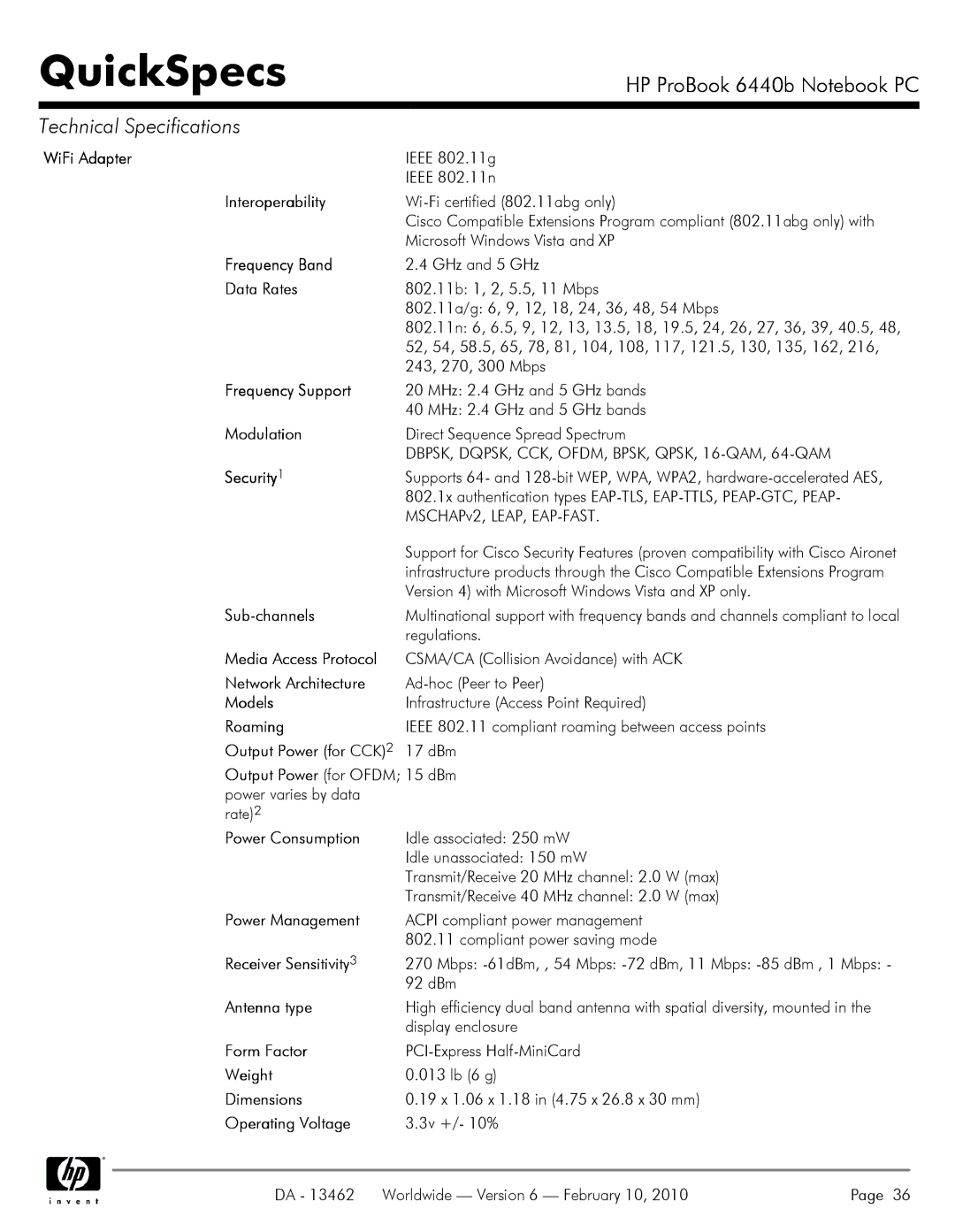 HP 6440B manual WiFi Adapter, Frequency Support 