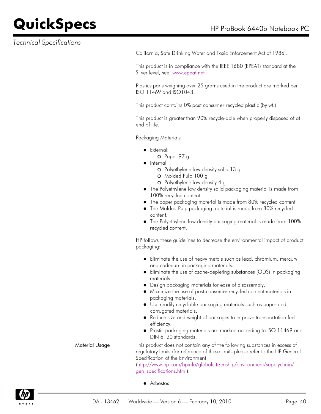 HP 6440B manual Material Usage 