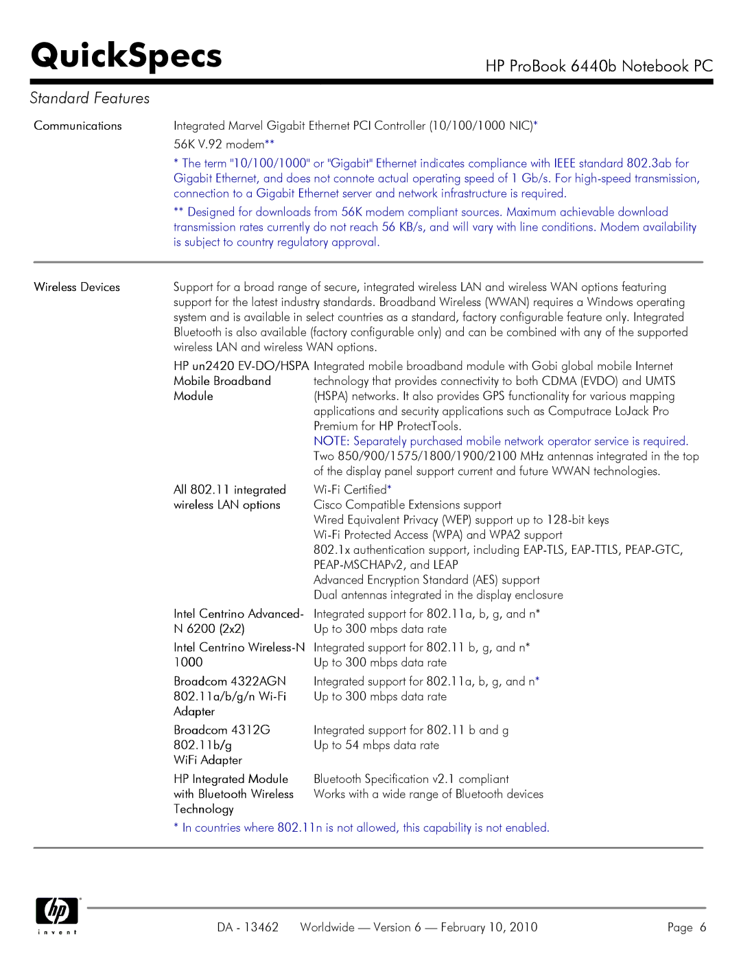 HP 6440B Communications, Wireless Devices, Mobile Broadband, Module, All 802.11 integrated, Wireless LAN options, 6200 