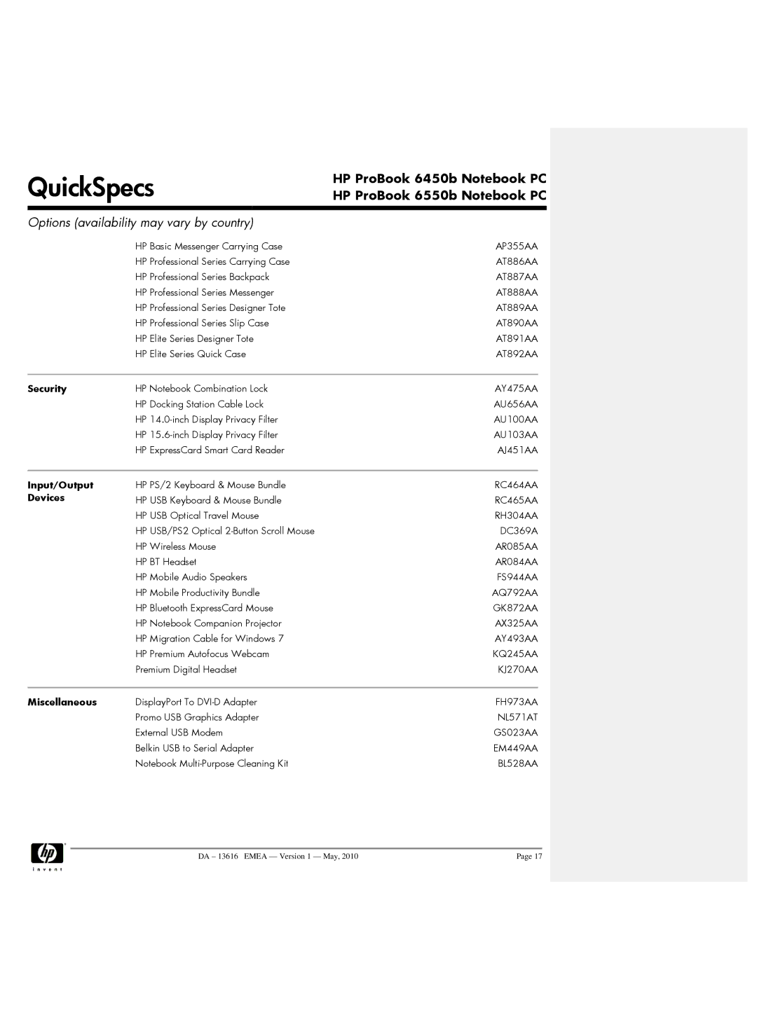 HP 6550b, 6450b manual Input/Output Devices, Miscellaneous 