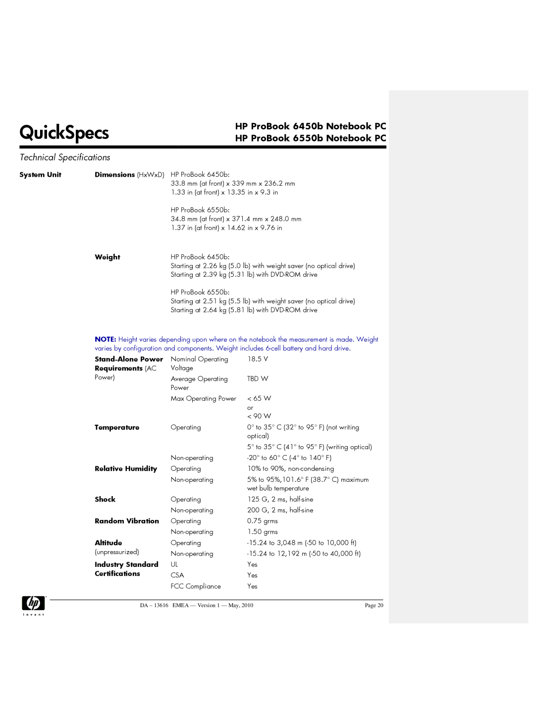 HP 6450b System Unit Dimensions HxWxD, Weight, Stand-Alone Power, Requirements AC, Temperature, Relative Humidity, Shock 