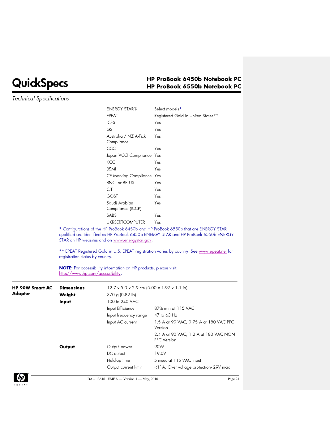 HP 6550b, 6450b manual HP 90W Smart AC Dimensions, Adapter Weight, Input, Output 