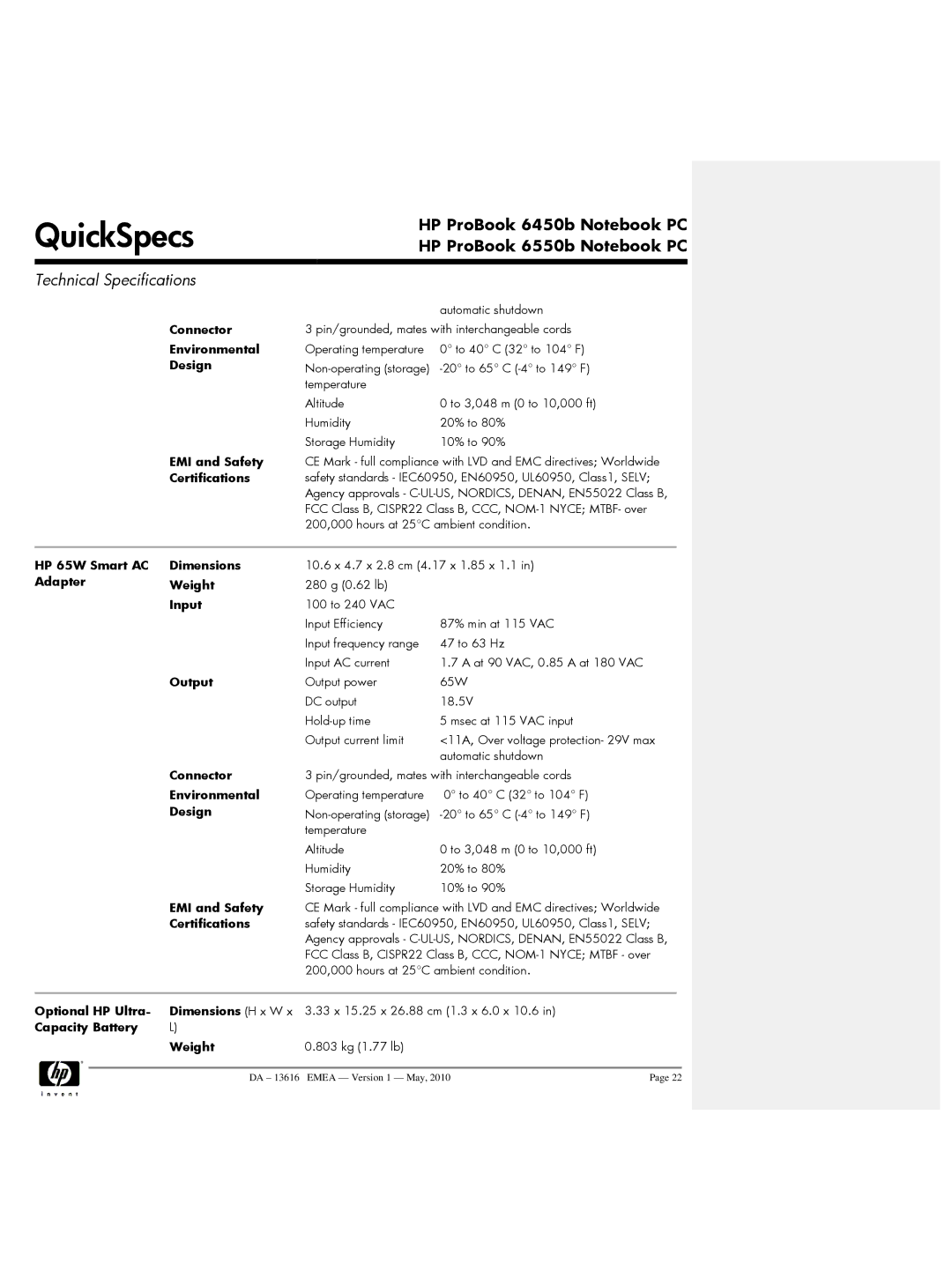 HP 6450b, 6550b manual Connector Environmental Design EMI and Safety Certifications 