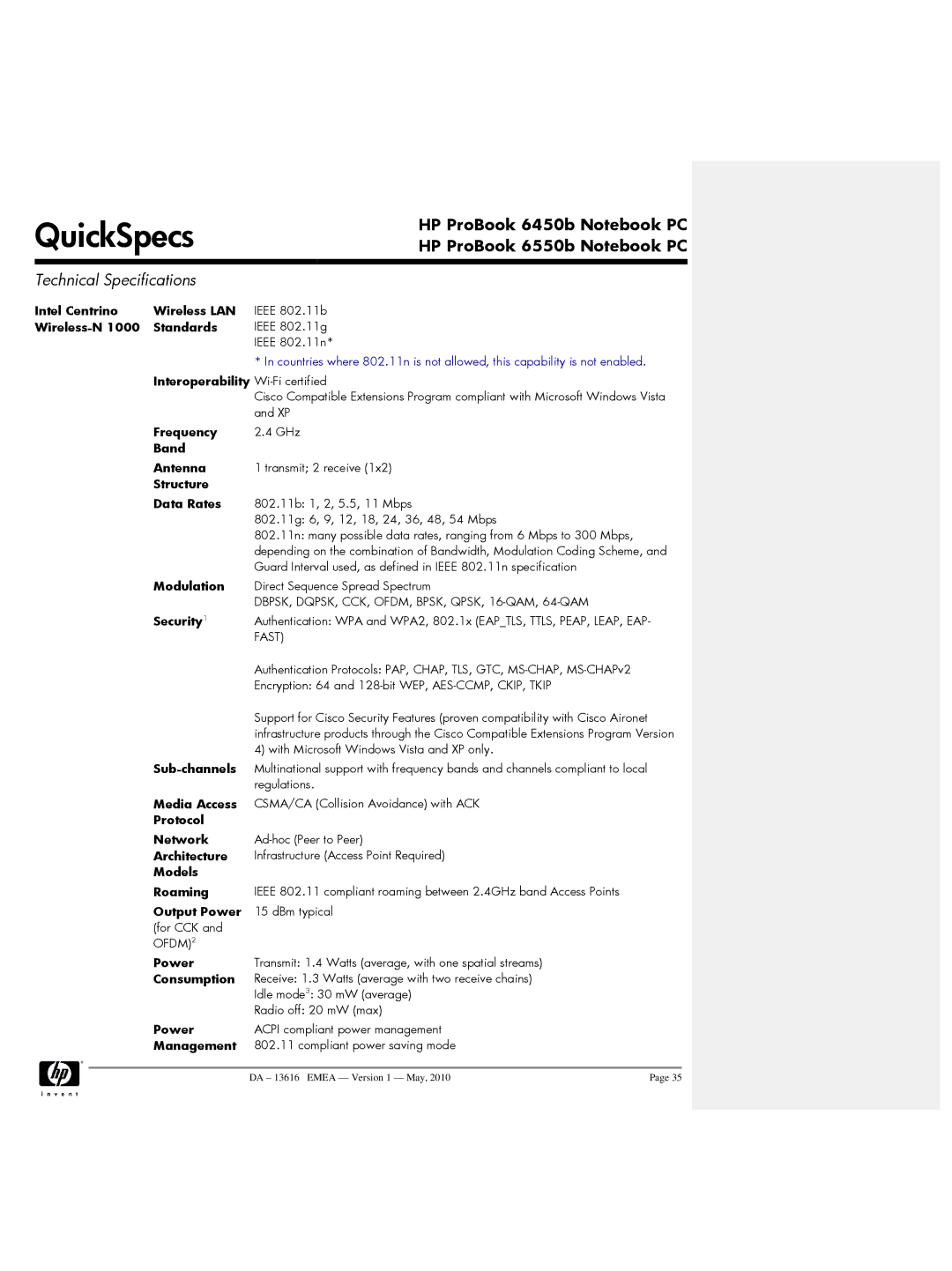 HP 6550b, 6450b manual Interoperability Wi-Fi certified, Frequency, Band Antenna, Structure Data Rates 