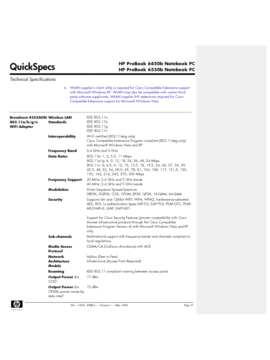 HP 6550b, 6450b manual Frequency Band Data Rates, Frequency Support Modulation Security1 Sub-channels, Media Access 