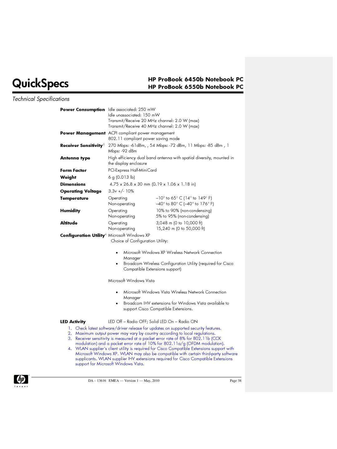 HP 6450b, 6550b Form Factor Weight Dimensions Operating Voltage Temperature, Configuration Utility4 Microsoft Windows XP 