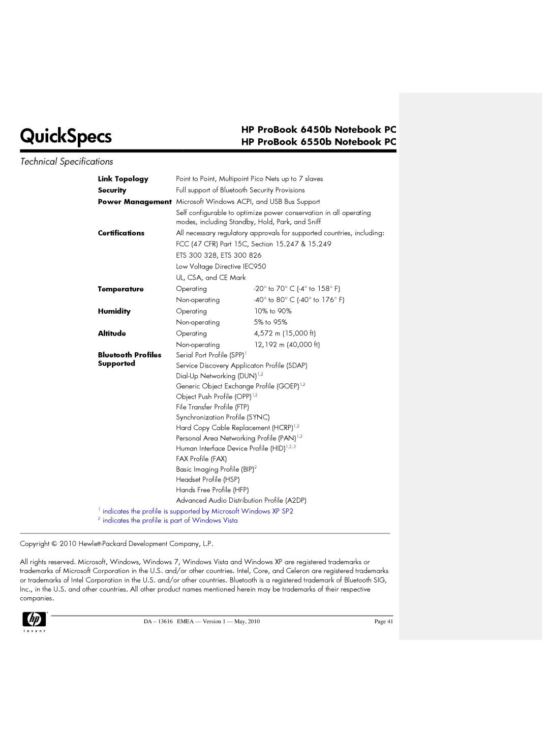 HP 6550b, 6450b manual Link Topology, Bluetooth Profiles 