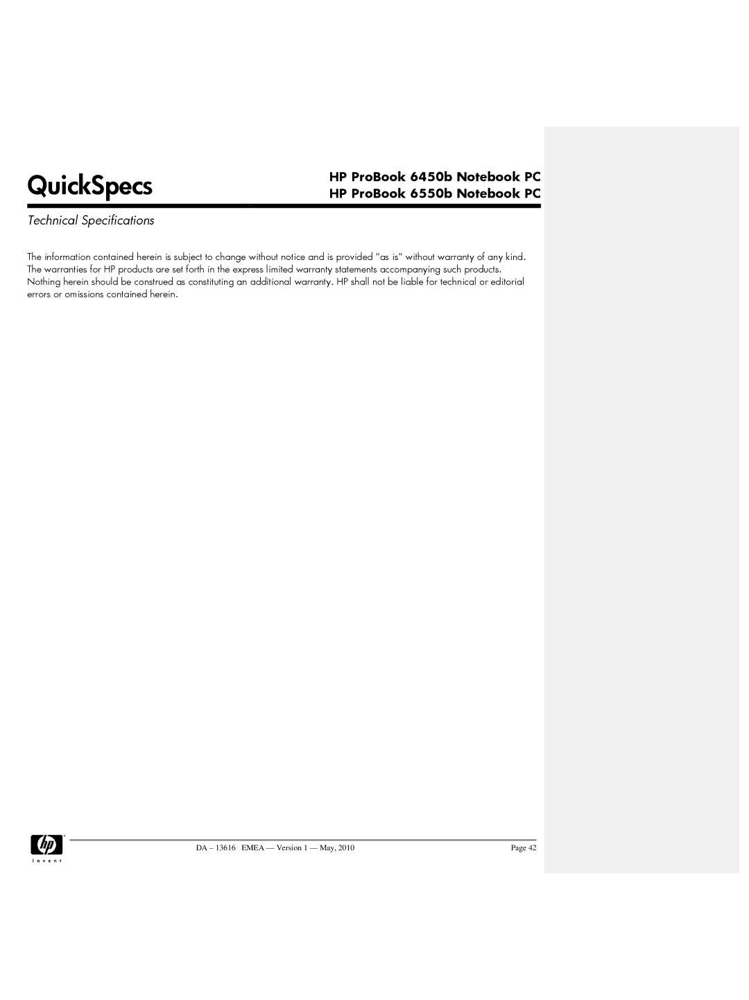 HP 6450b, 6550b manual QuickSpecs 