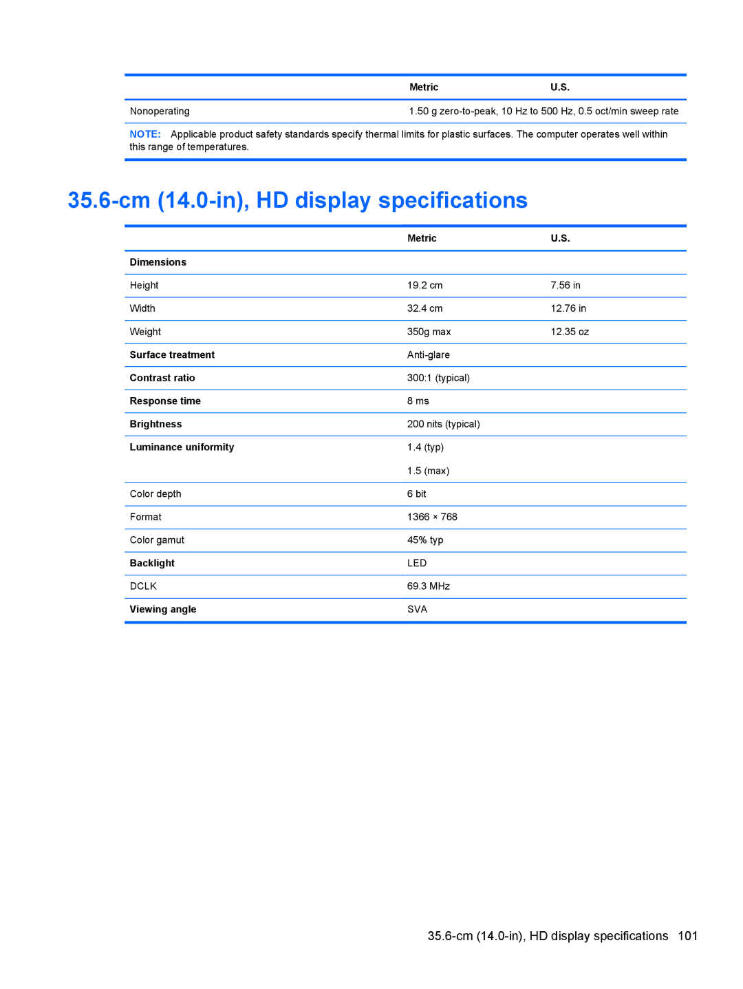 HP 6465B manual 35.6-cm 14.0-in, HD display specifications 