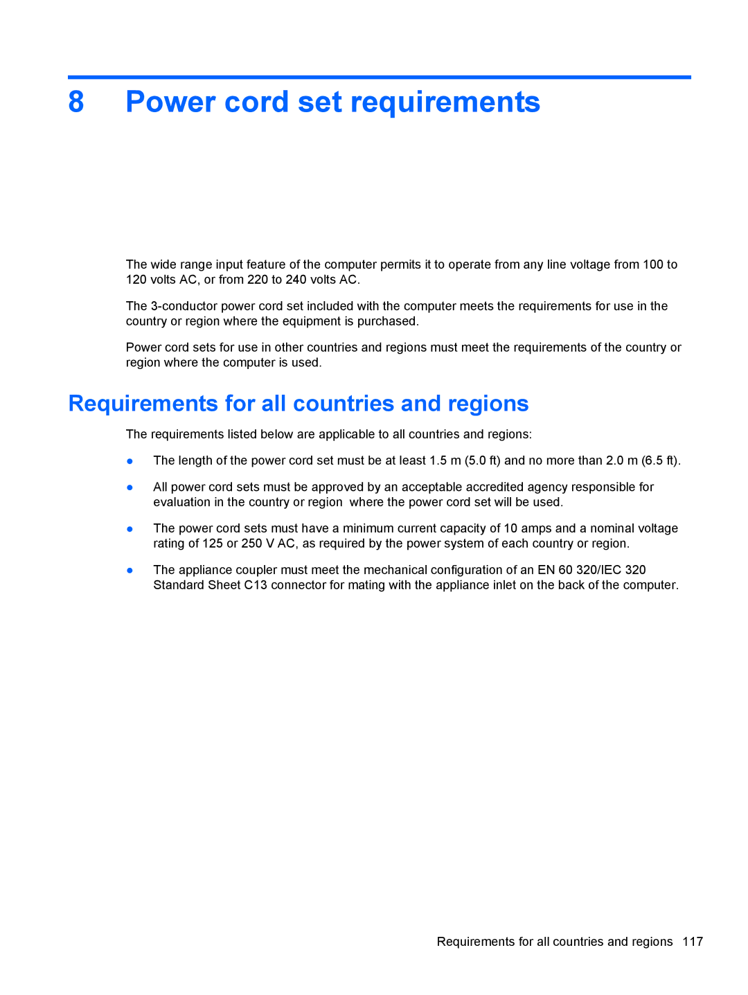 HP 6465B manual Power cord set requirements, Requirements for all countries and regions 