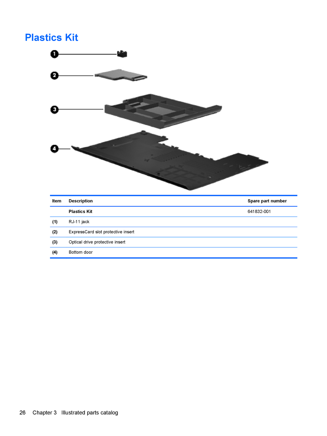 HP 6465B manual Item Description Spare part number Plastics Kit 641832-001 