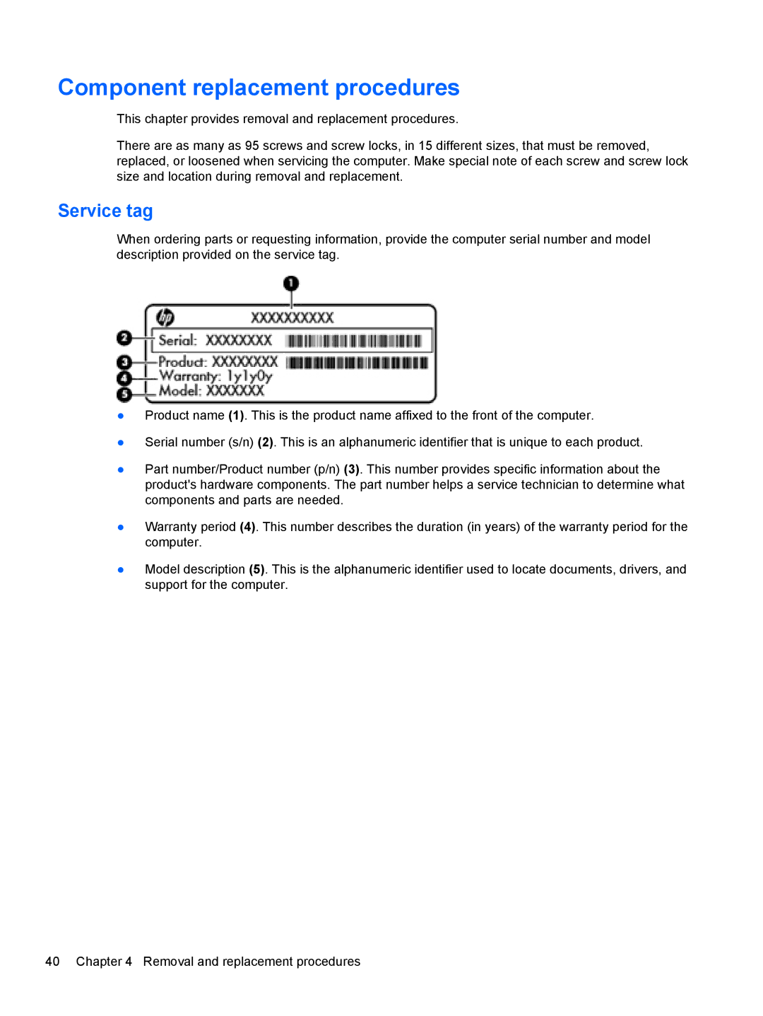 HP 6465B manual Component replacement procedures, Service tag 