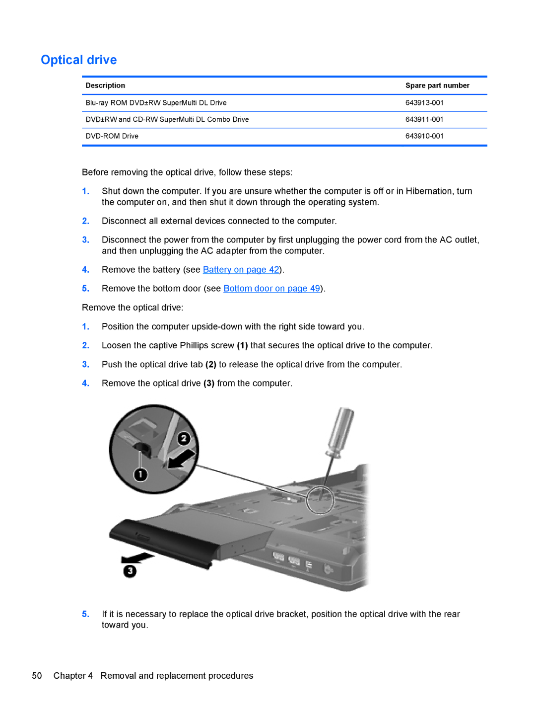 HP 6465B manual Optical drive, Description Spare part number 