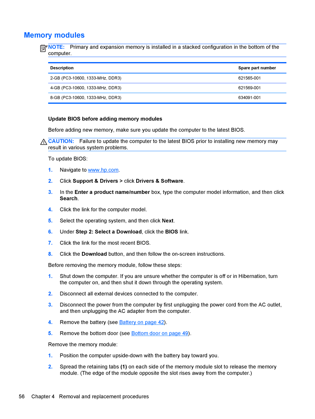 HP 6465B manual Memory modules, Update Bios before adding memory modules 