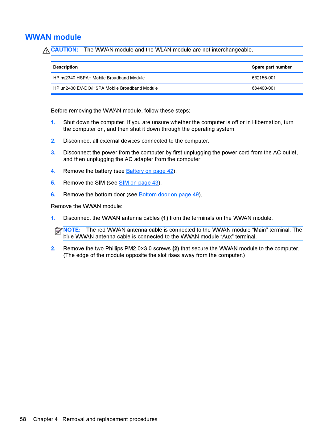 HP 6465B manual Wwan module 