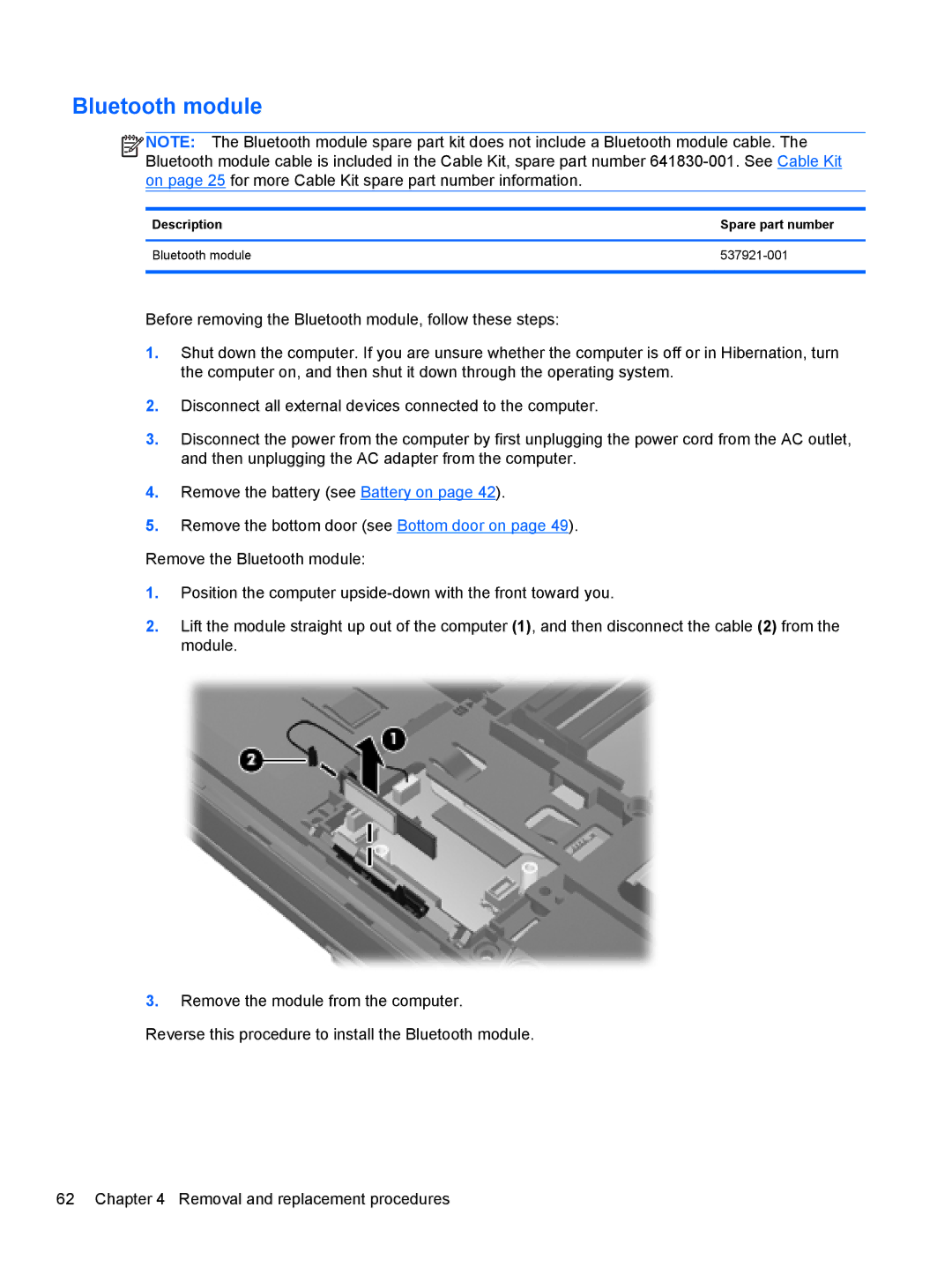 HP 6465B manual Description Spare part number Bluetooth module 537921-001 