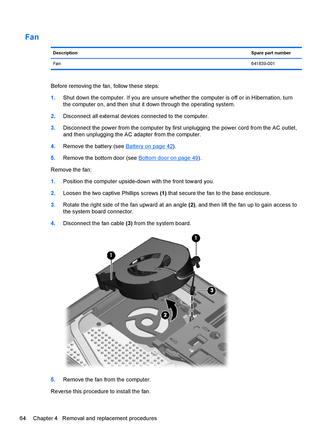 HP 6465B manual Description Spare part number Fan 641839-001 