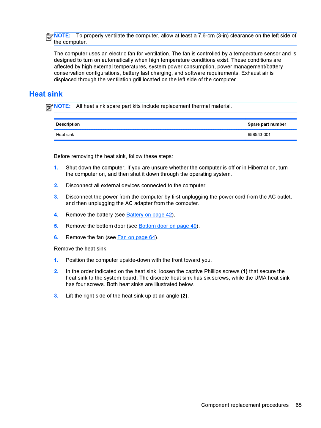 HP 6465B manual Description Spare part number Heat sink 658543-001 