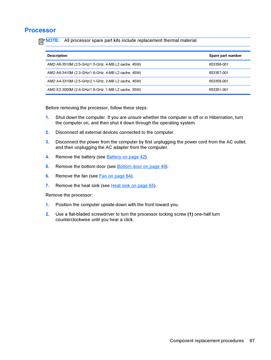 HP 6465B manual Processor, Description Spare part number 