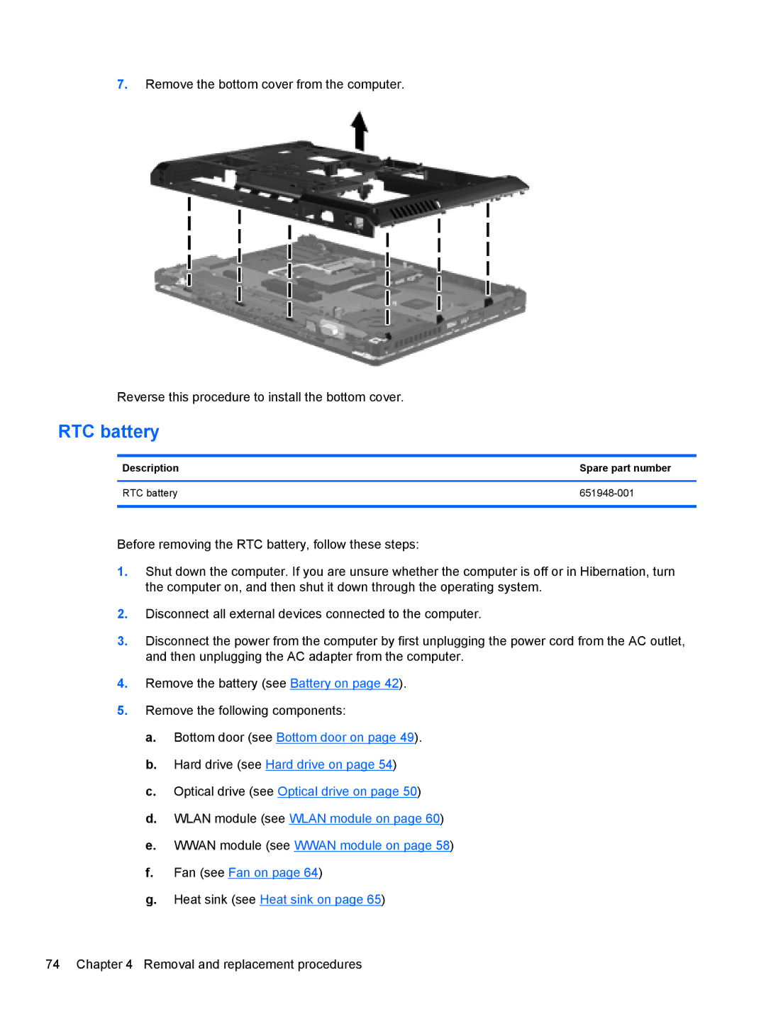 HP 6465B manual Description Spare part number RTC battery 651948-001 