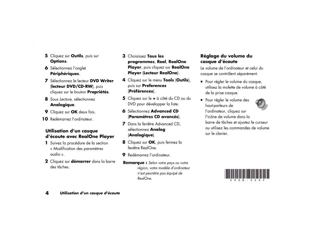 HP 6473SA manual Utilisation d’un casque d’écoute avec RealOne Player, Réglage du volume du casque d’écoute 