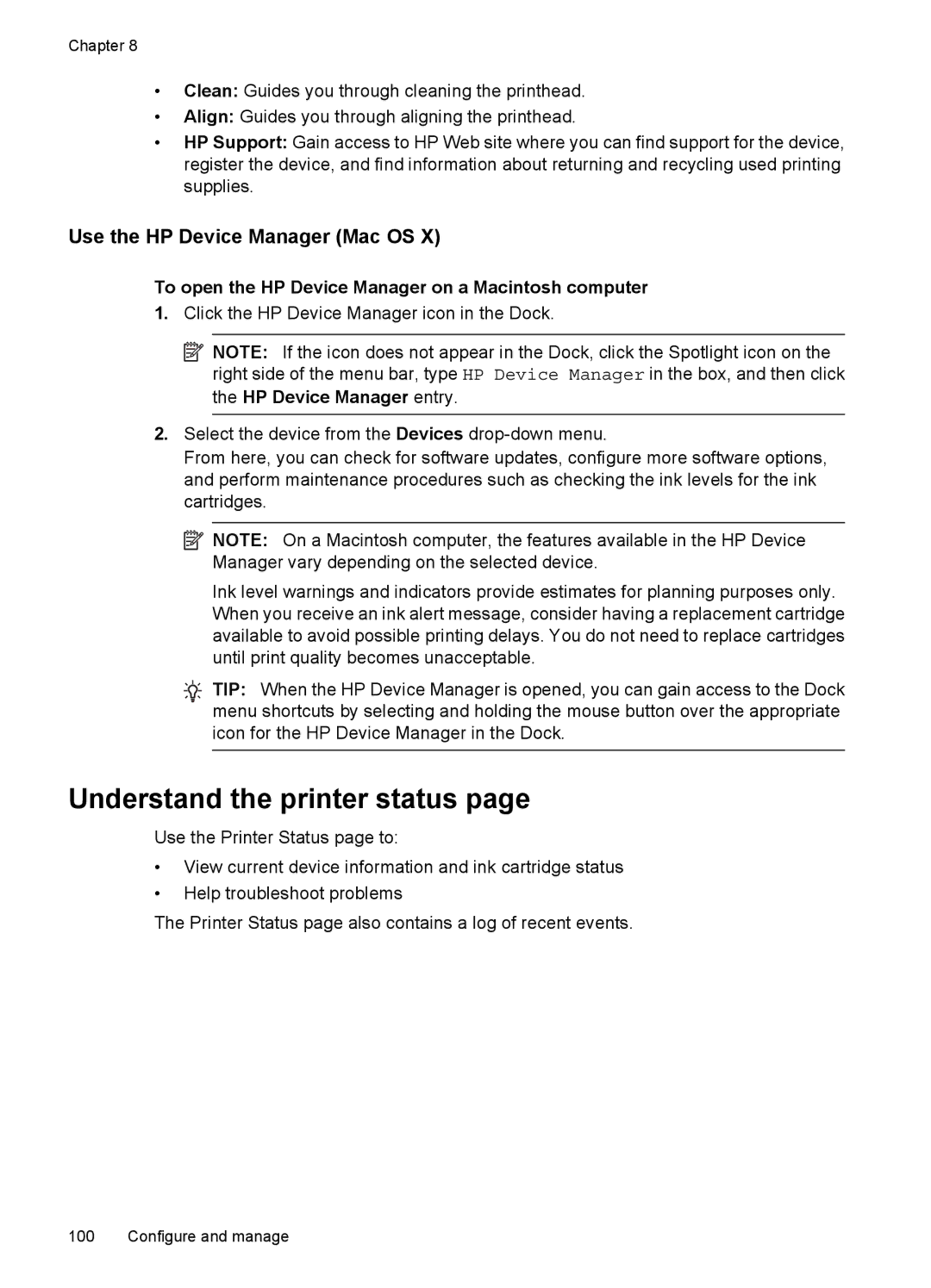 HP 6500 - E709a, 6500 - E709q, 6500 - E709n manual Understand the printer status, Use the HP Device Manager Mac OS 