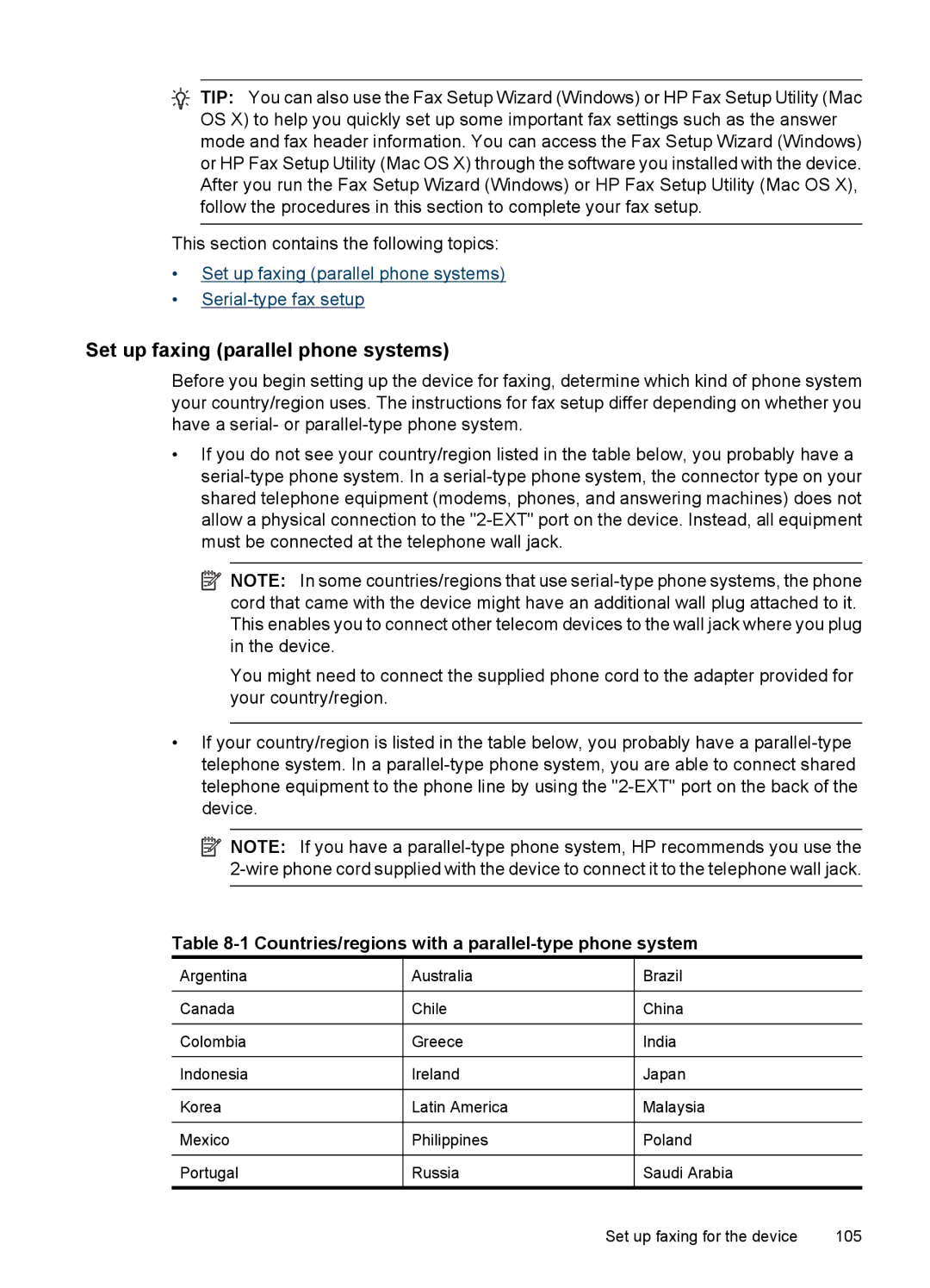 HP 6500 - E709n, 6500 - E709q Set up faxing parallel phone systems, Countries/regions with a parallel-type phone system 