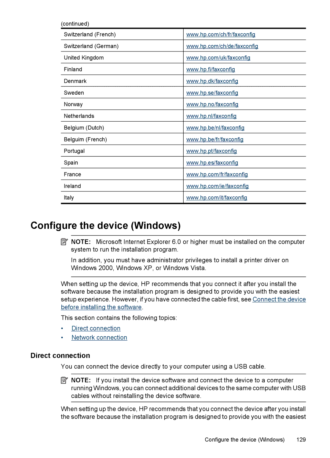 HP 6500 - E709n, 6500 - E709q, 6500 - E709a manual Configure the device Windows, Direct connection 