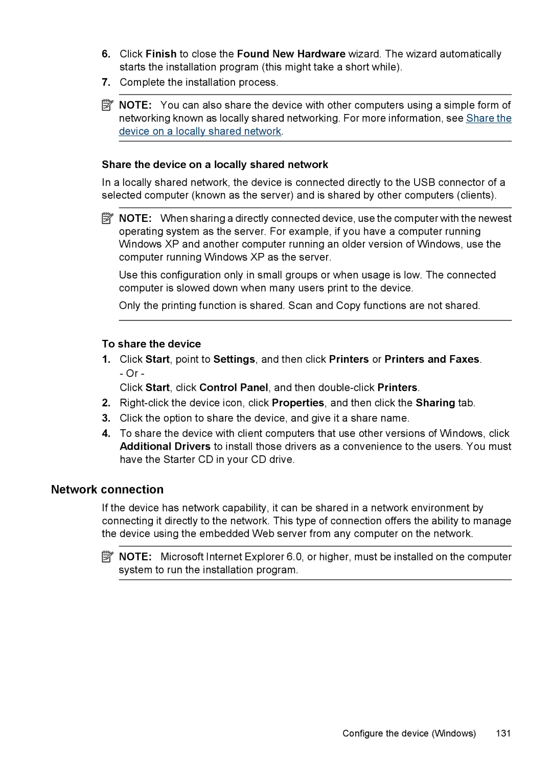 HP 6500 - E709q, 6500 - E709n manual Network connection, Share the device on a locally shared network, To share the device 