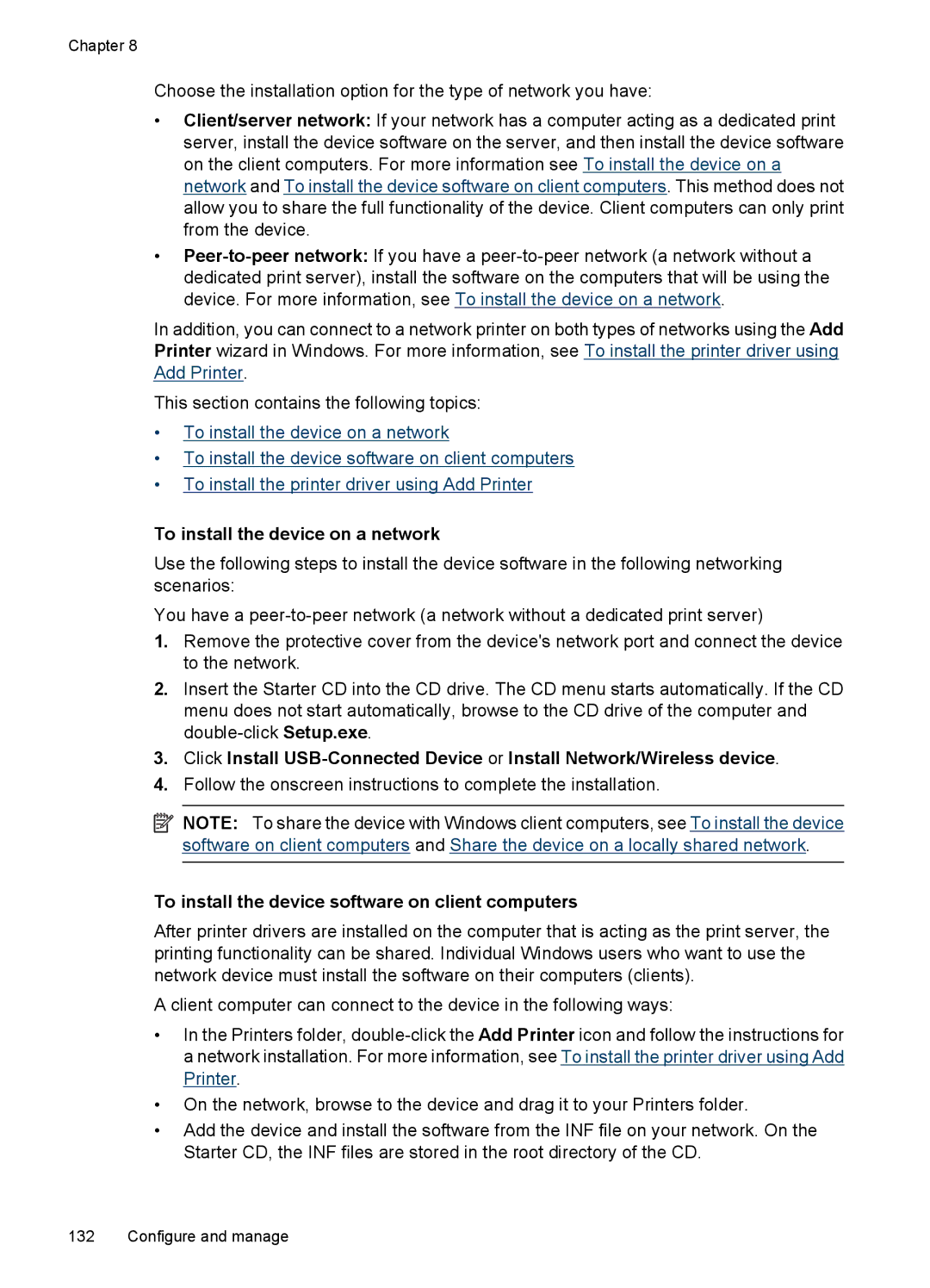 HP 6500 - E709n, 6500 - E709q manual To install the device on a network, To install the device software on client computers 