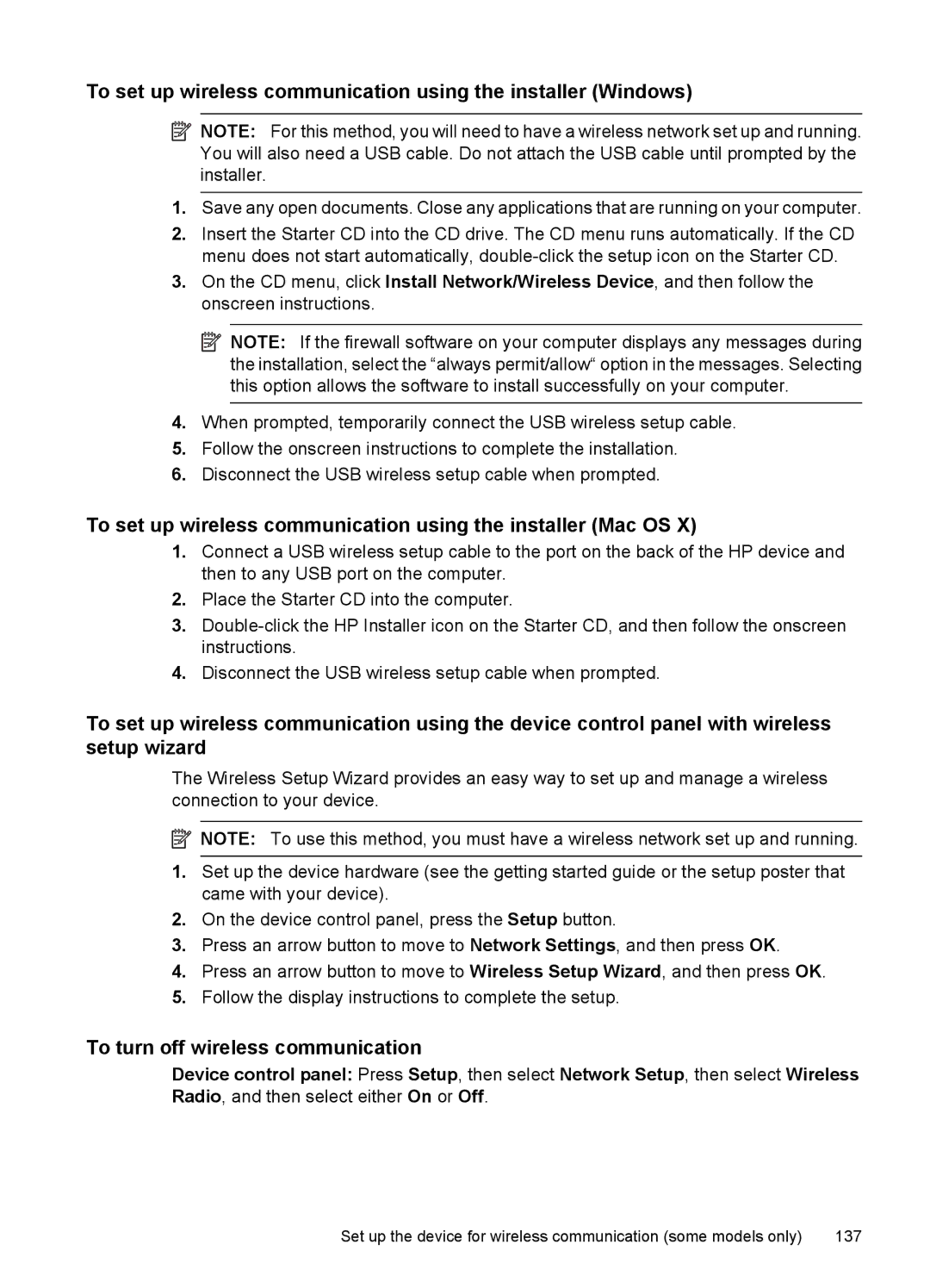 HP 6500 - E709q manual To set up wireless communication using the installer Mac OS, To turn off wireless communication 