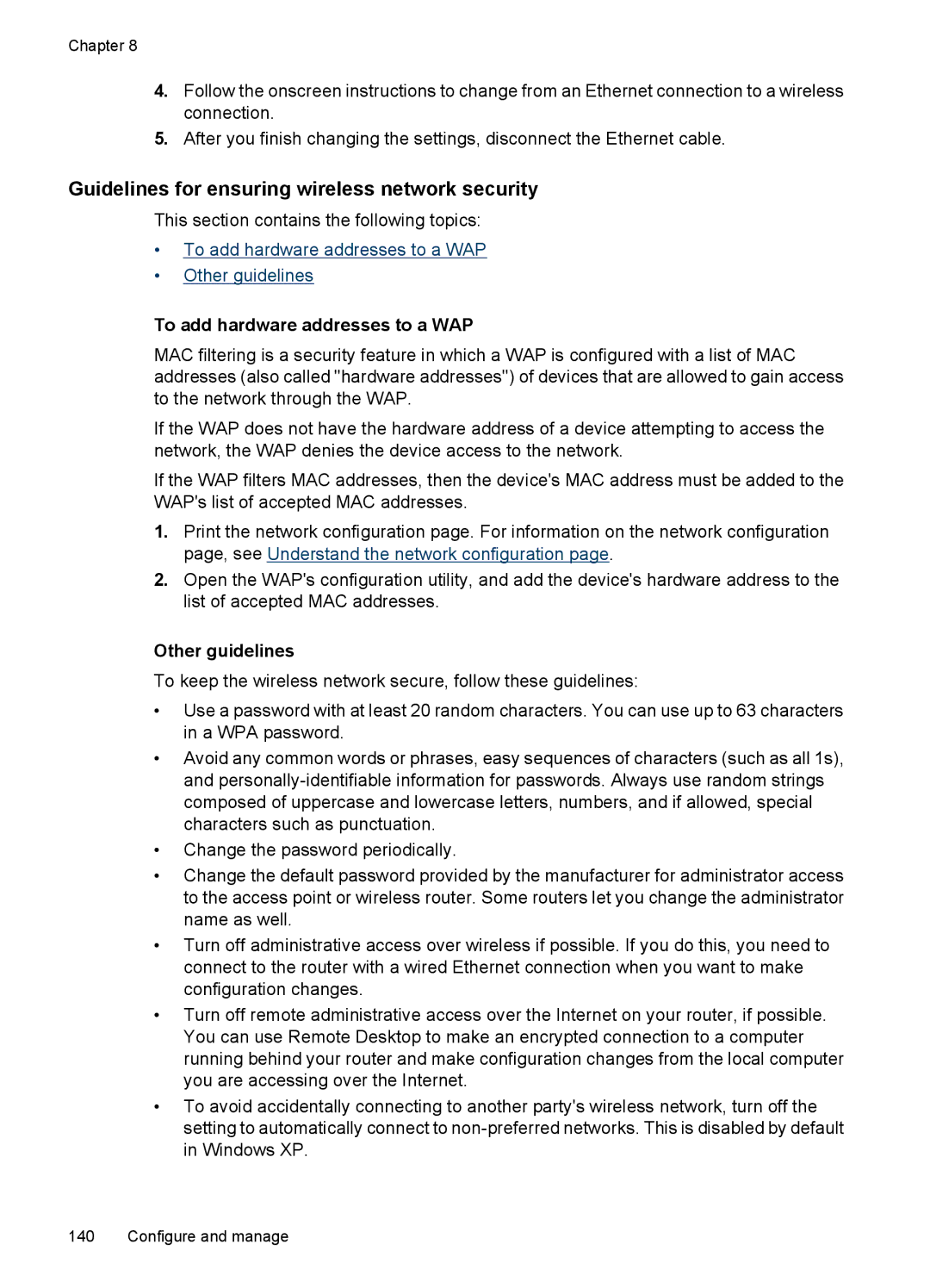 HP 6500 - E709q Guidelines for ensuring wireless network security, To add hardware addresses to a WAP, Other guidelines 