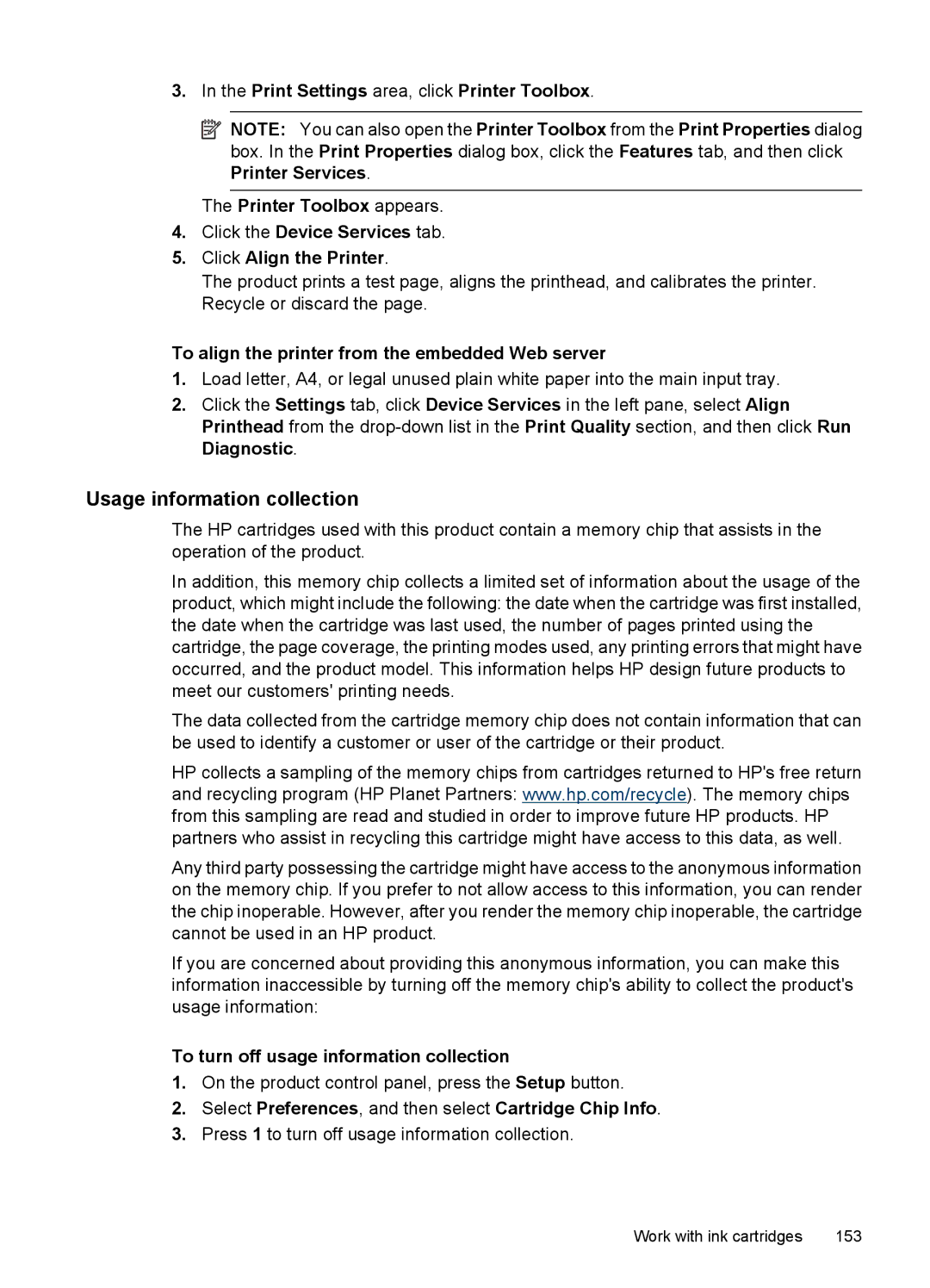 HP 6500 - E709n, 6500 - E709q, 6500 - E709a Usage information collection, To align the printer from the embedded Web server 