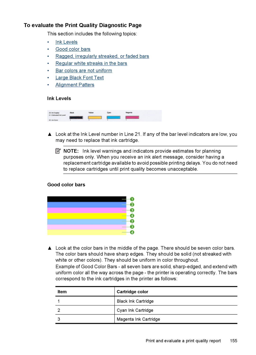 HP 6500 - E709q, 6500 - E709n manual To evaluate the Print Quality Diagnostic, Ink Levels, Good color bars, Cartridge color 