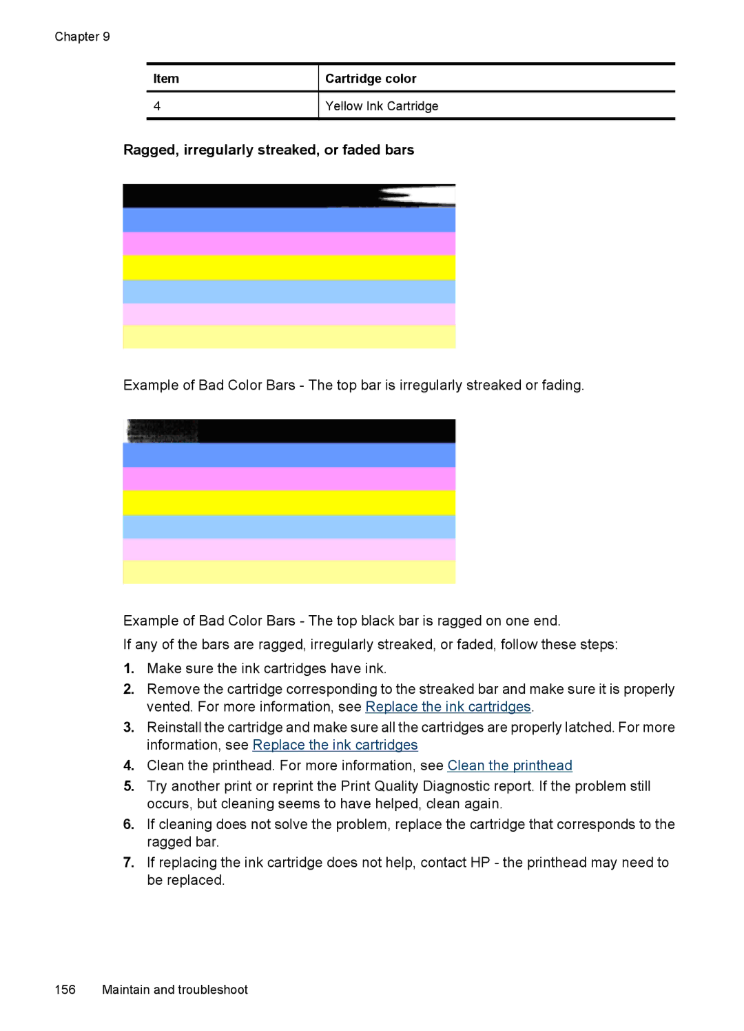 HP 6500 - E709n, 6500 - E709q, 6500 - E709a manual Ragged, irregularly streaked, or faded bars 