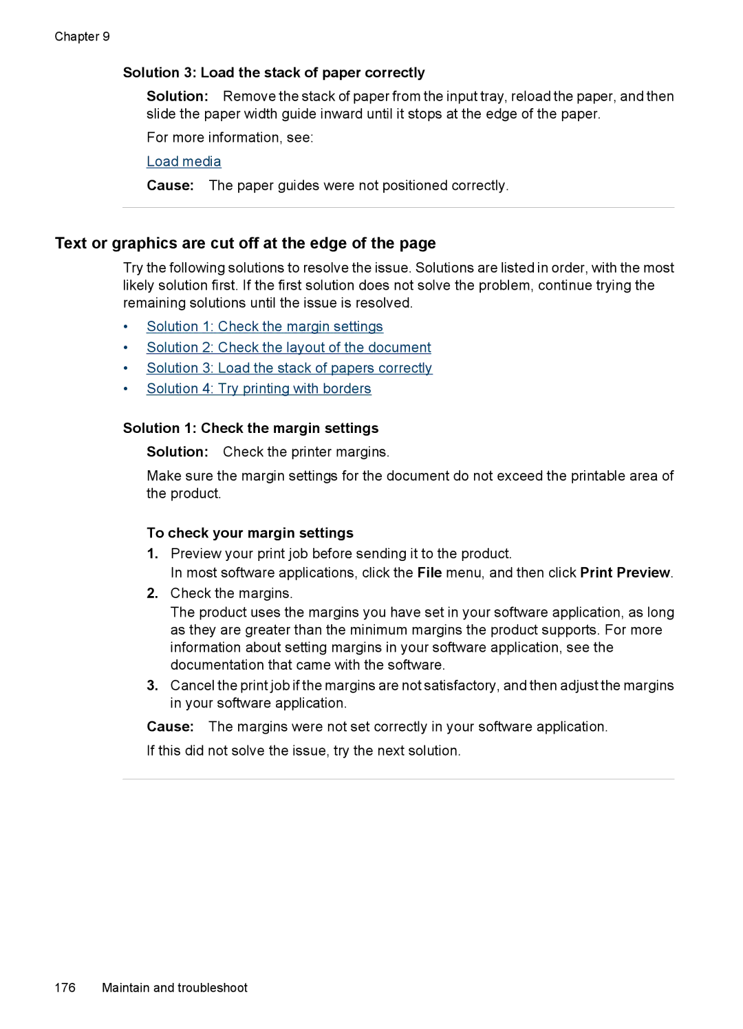 HP 6500 - E709q, 6500 - E709n manual Text or graphics are cut off at the edge, Solution 3 Load the stack of paper correctly 