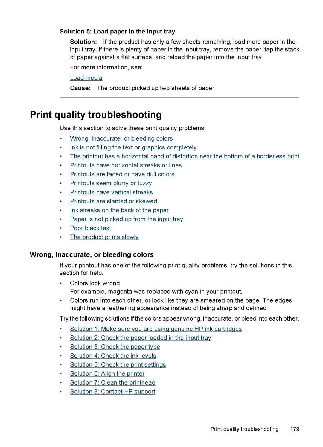 HP 6500 - E709q, 6500 - E709n, 6500 - E709a manual Print quality troubleshooting, Wrong, inaccurate, or bleeding colors 