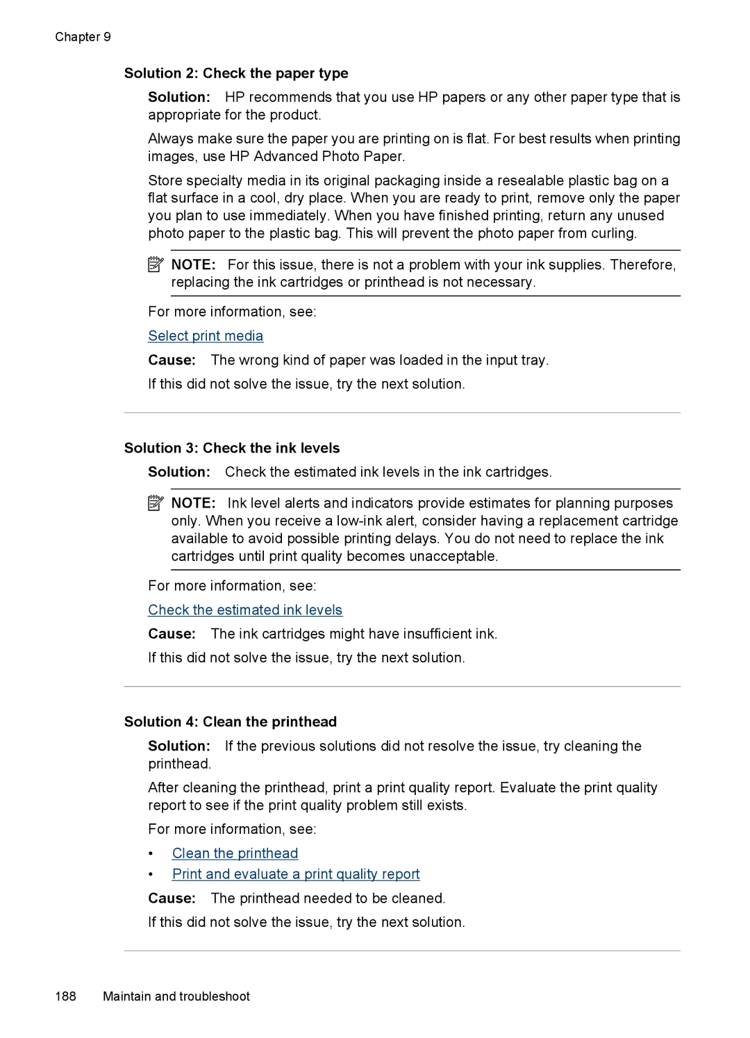 HP 6500 - E709q, 6500 - E709n, 6500 - E709a manual Solution 2 Check the paper type, Solution 4 Clean the printhead 