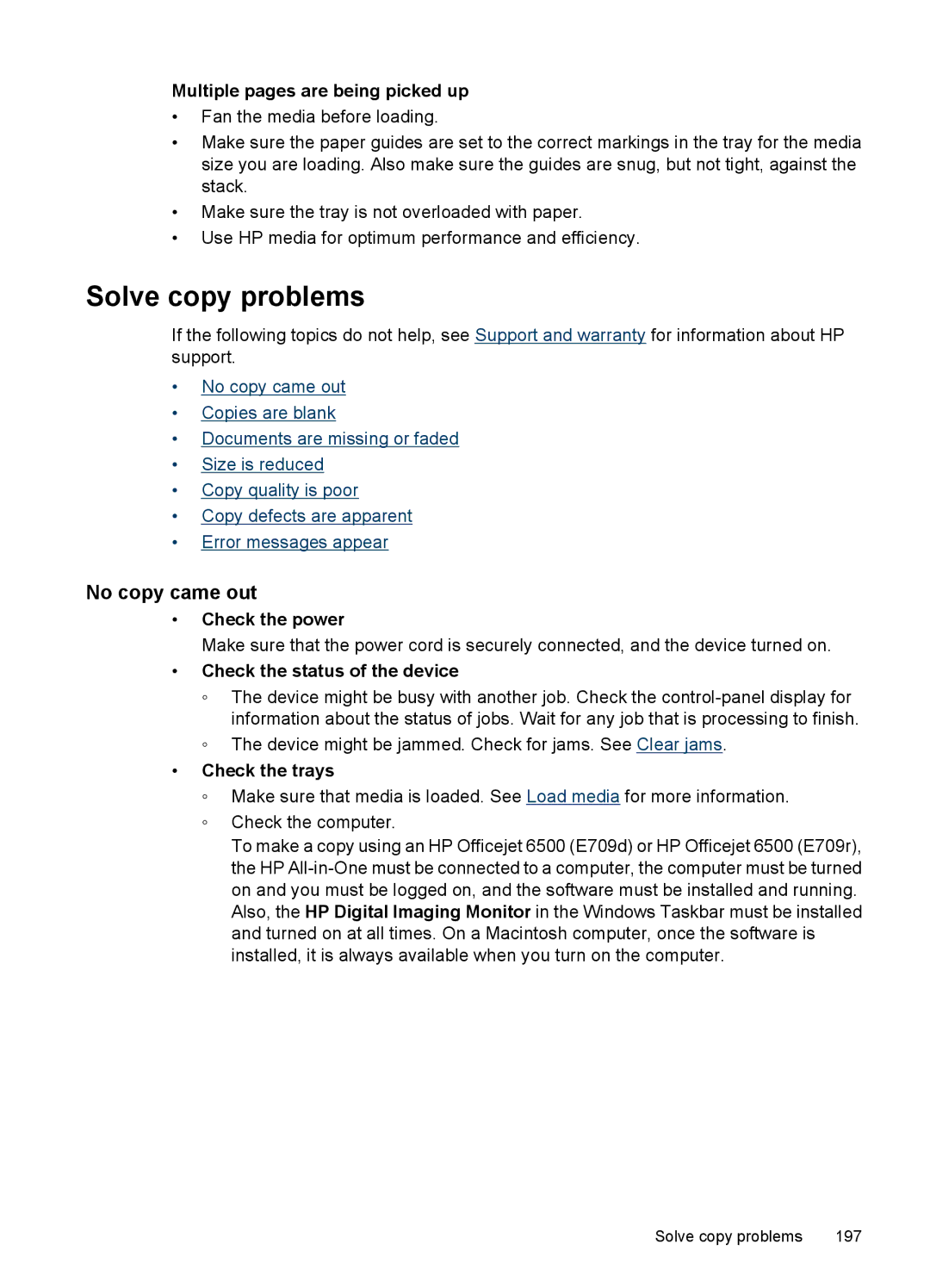 HP 6500 - E709q, 6500 - E709n, 6500 - E709a manual Solve copy problems, No copy came out 