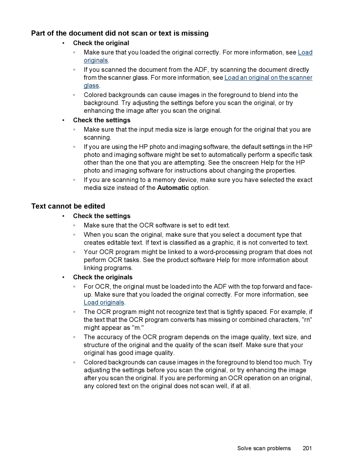 HP 6500 - E709n manual Part of the document did not scan or text is missing, Text cannot be edited, Check the originals 