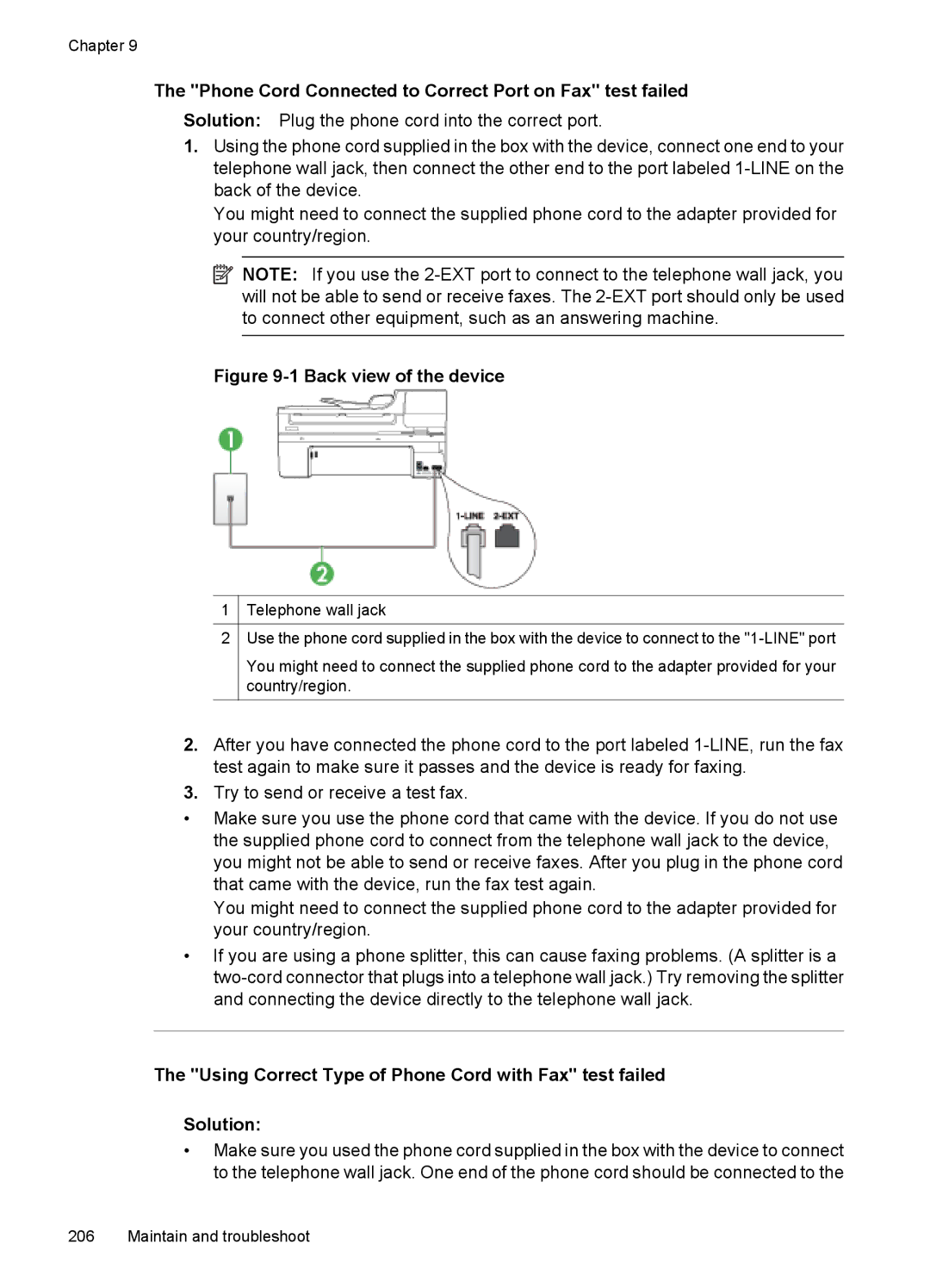 HP 6500 - E709q, 6500 - E709n manual Phone Cord Connected to Correct Port on Fax test failed, Back view of the device 