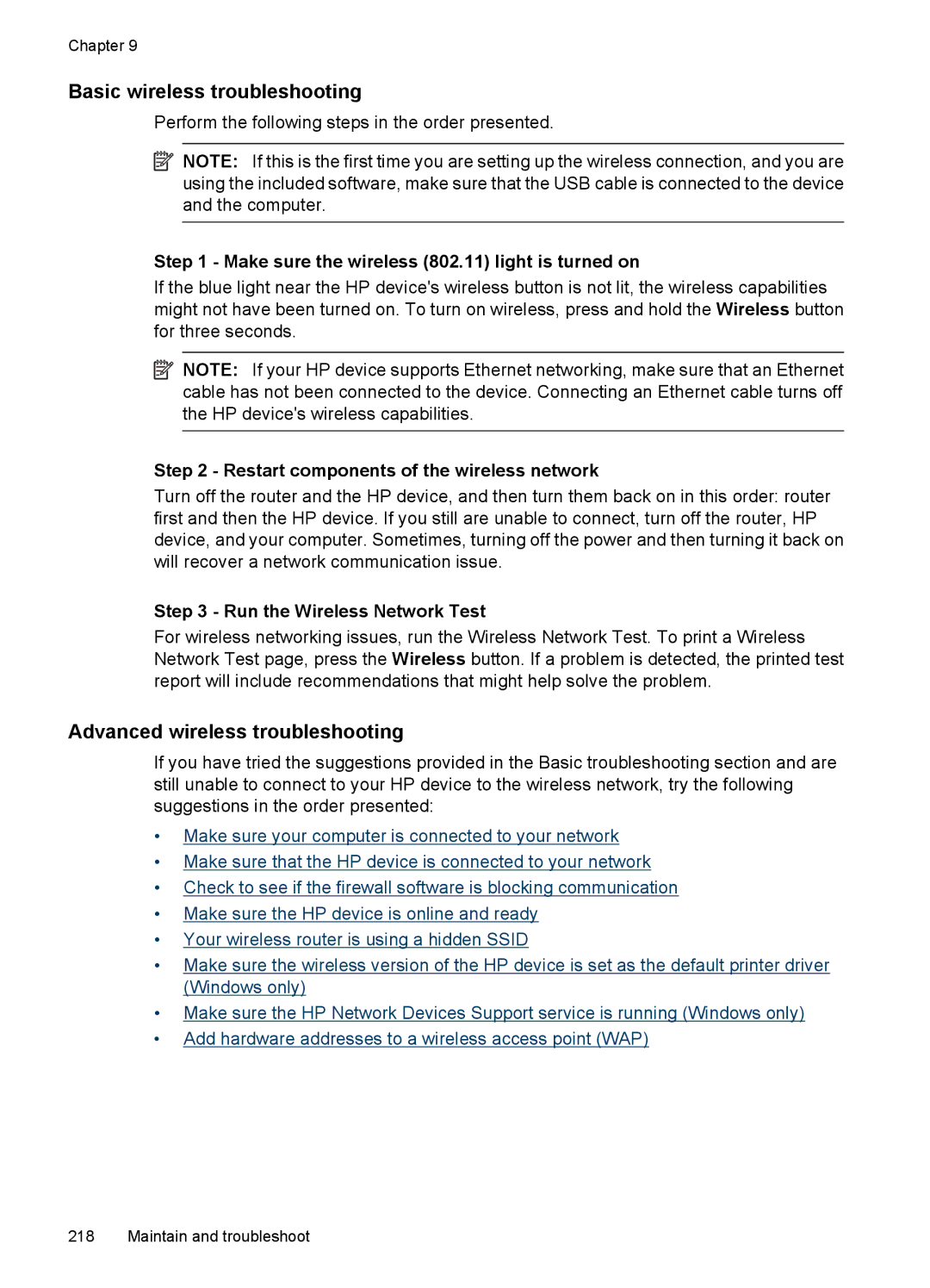 HP 6500 - E709q manual Basic wireless troubleshooting, Advanced wireless troubleshooting, Run the Wireless Network Test 