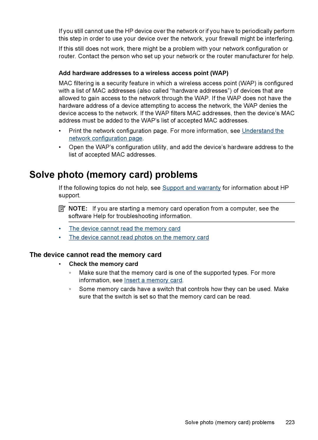 HP 6500 - E709a, 6500 - E709q Solve photo memory card problems, Device cannot read the memory card, Check the memory card 