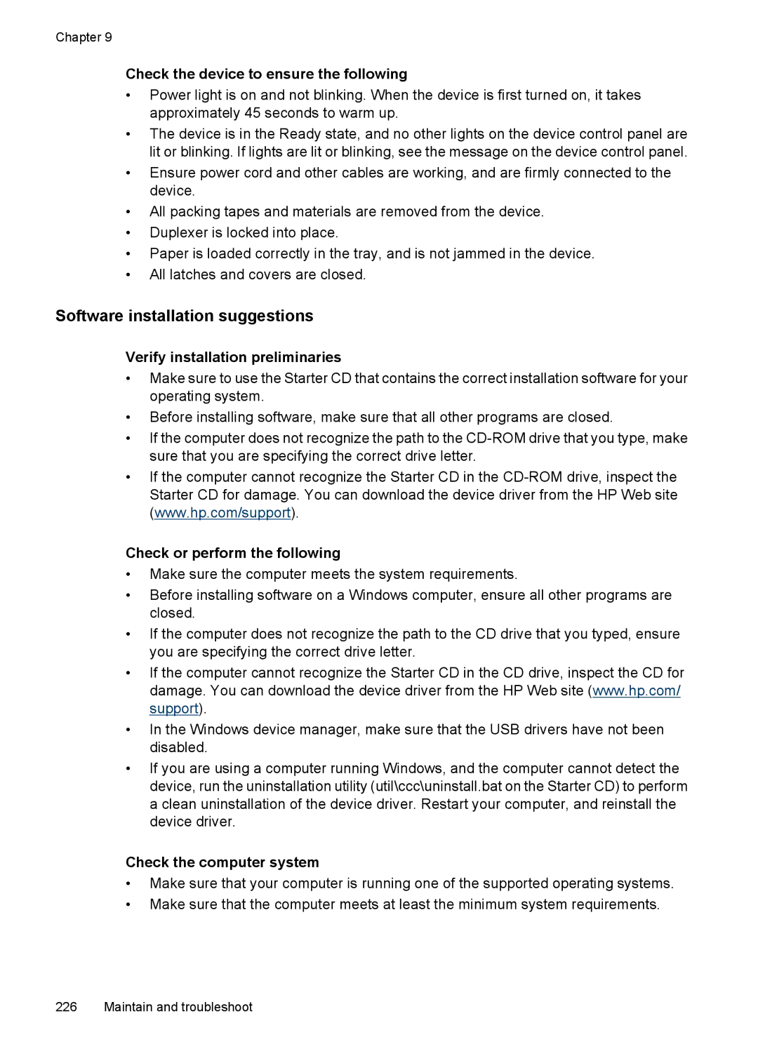 HP 6500 - E709a, 6500 - E709q, 6500 - E709n Software installation suggestions, Check the device to ensure the following 