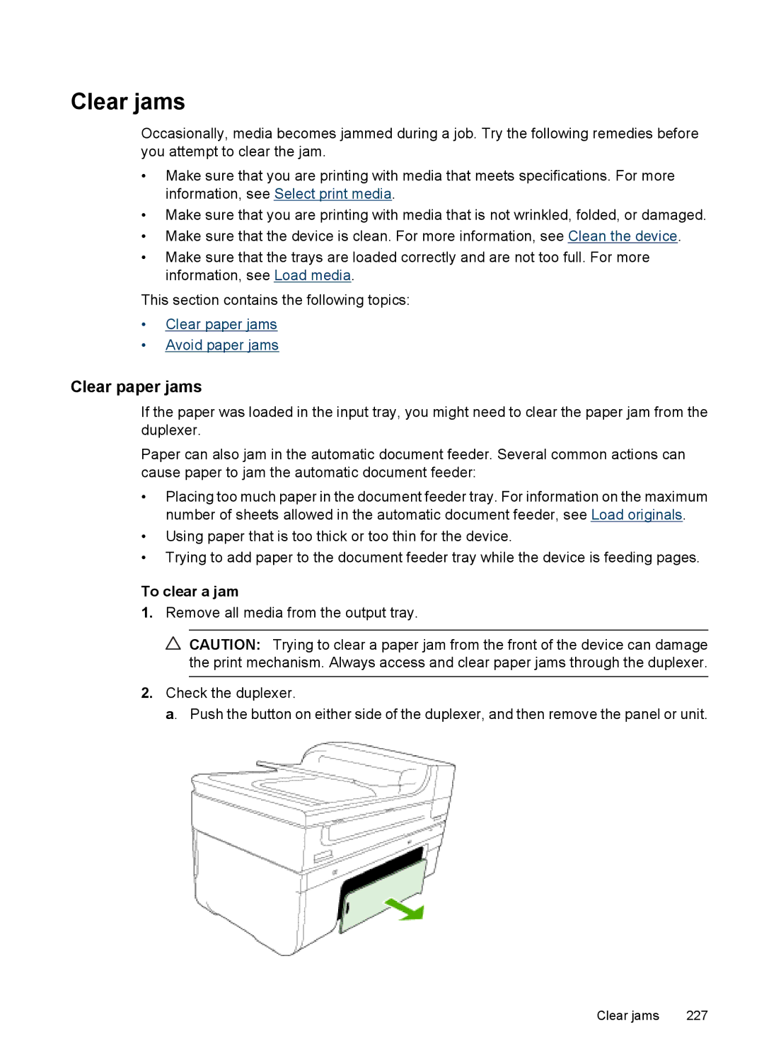 HP 6500 - E709q, 6500 - E709n, 6500 - E709a manual Clear jams, Clear paper jams, To clear a jam 