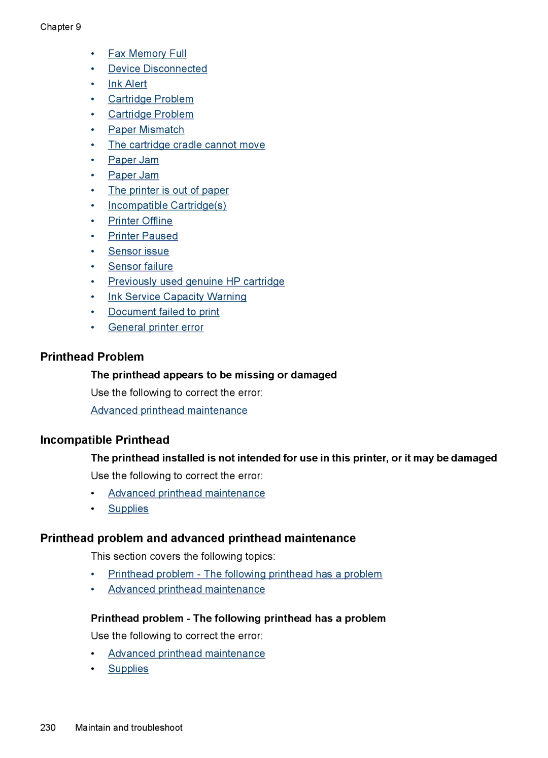 HP 6500 - E709q manual Printhead Problem, Incompatible Printhead, Printhead problem and advanced printhead maintenance 